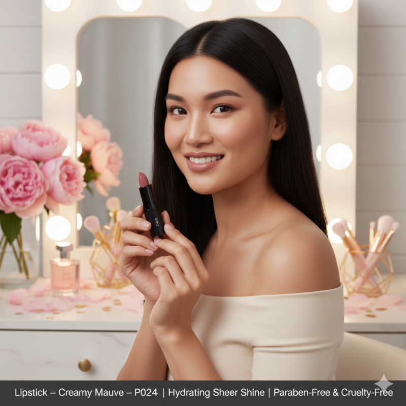 Lipstick – Creamy Mauve – P024 | Hydrating Sheer Shine | Paraben-Free & Cruelty-Free